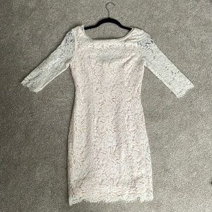 LULUS - white lace cocktail/shower dress with champagne underlay.